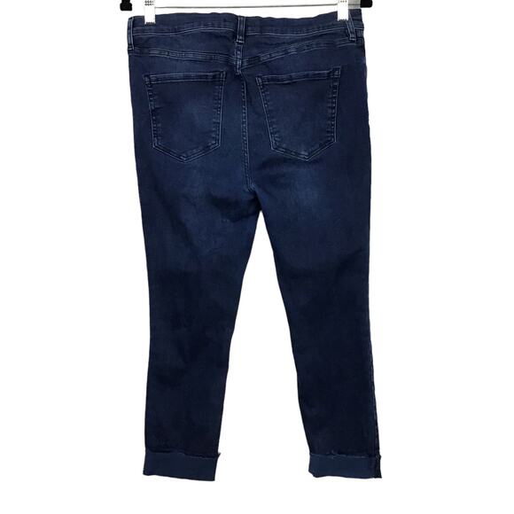 FREE PEOPLE Exposed Button Fly Crop Rolled Dark Indigo Blue Raw Hem Jeans sz 31 - Picture 3 of 10